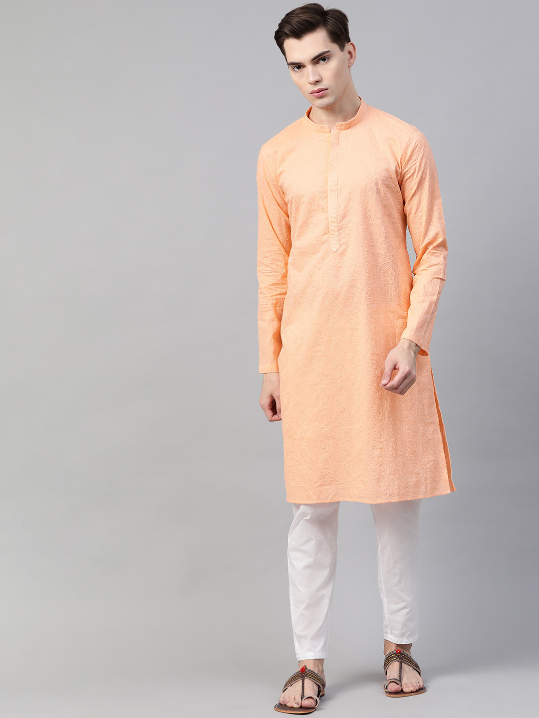 See Designs Men Peach-Colour Pure Cotton Chikankari Embroidered Straight Kurta