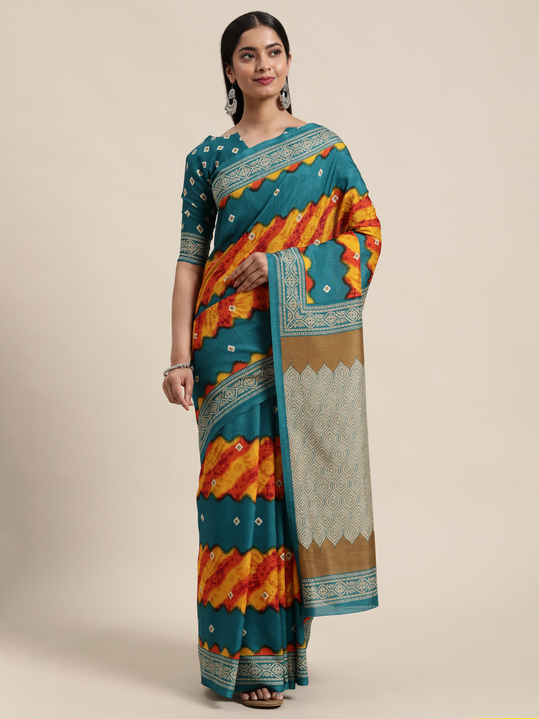 Saree mall Teal Blue & Yellow Bandhani Art Silk Sarees