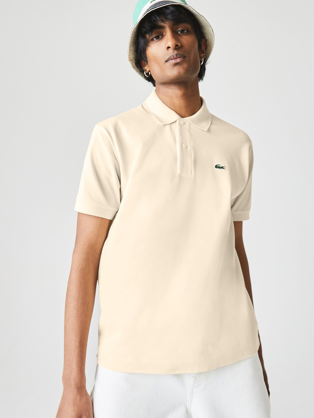 Lacoste Men Cream Coloured Pure Cotton Solid T-shirt
