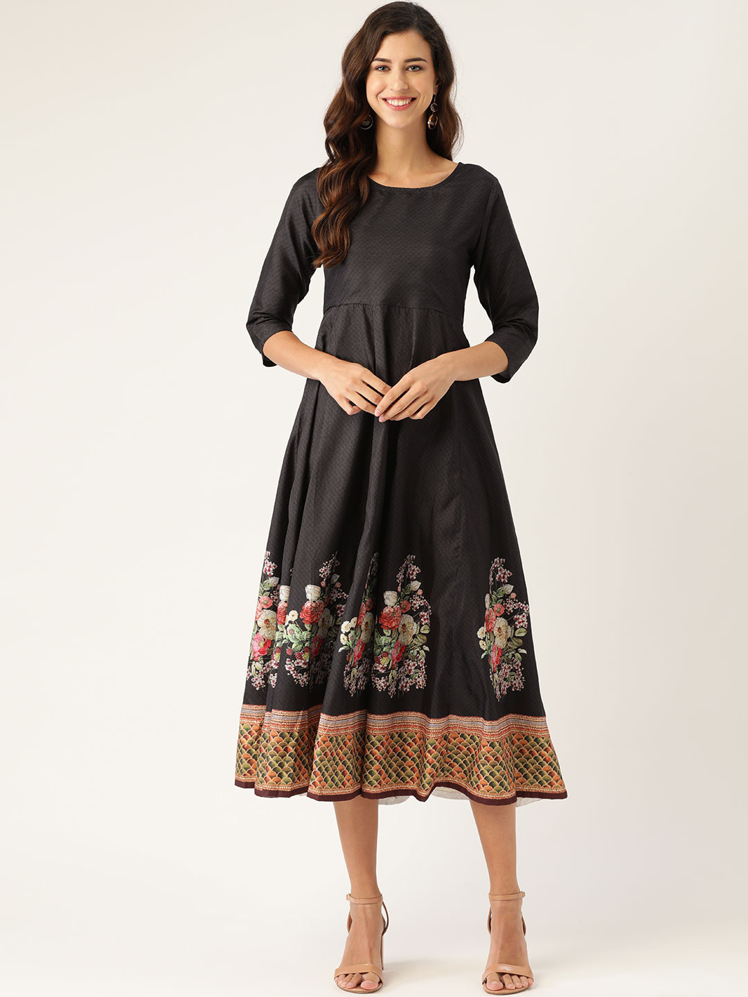 Shae by SASSAFRAS Women Black & Coral Red Ethnic Motifs Print Panelled A-Line Dress