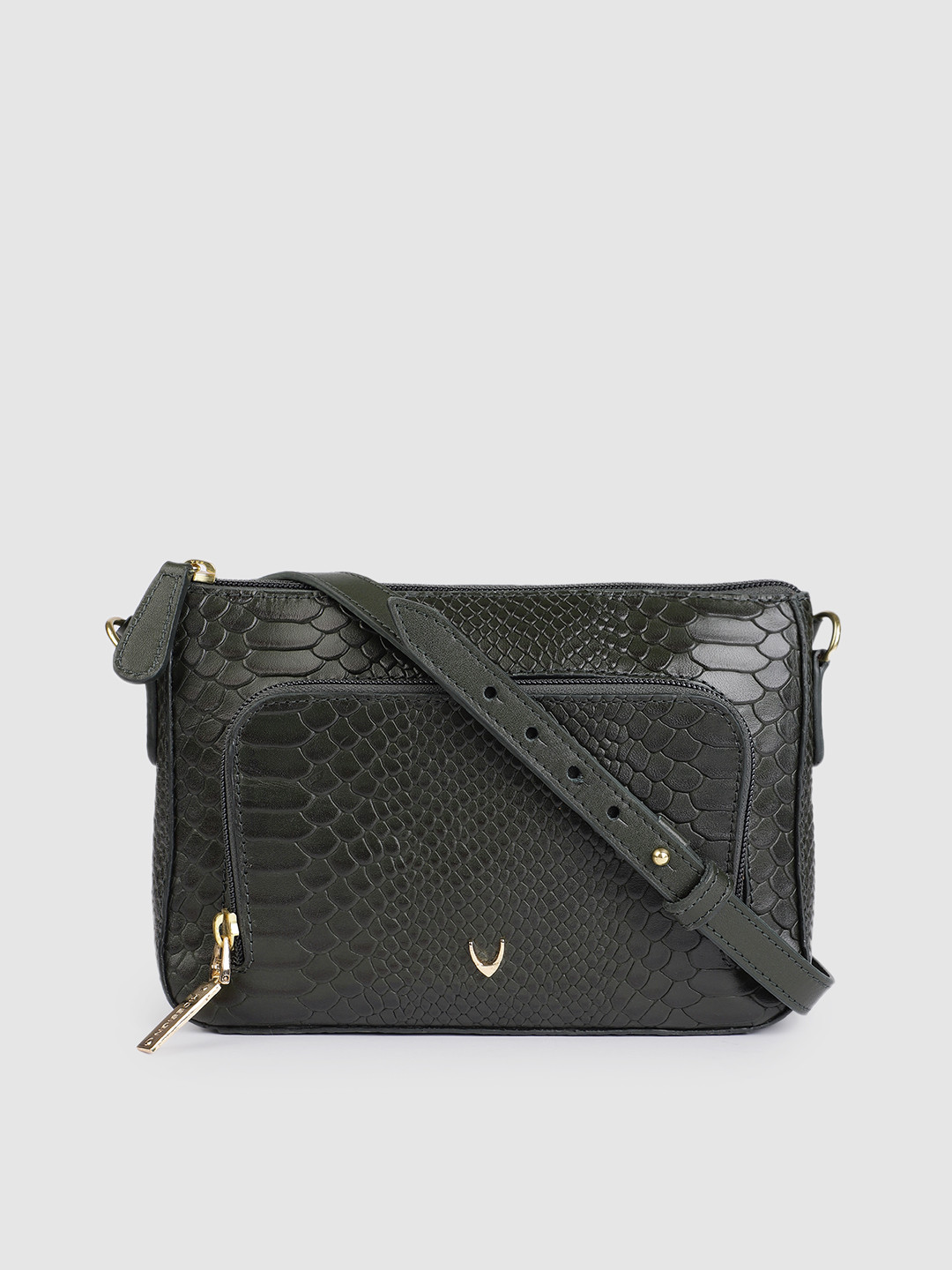 Hidesign Green Snakeskin Textured Leather Structured Sling Bag