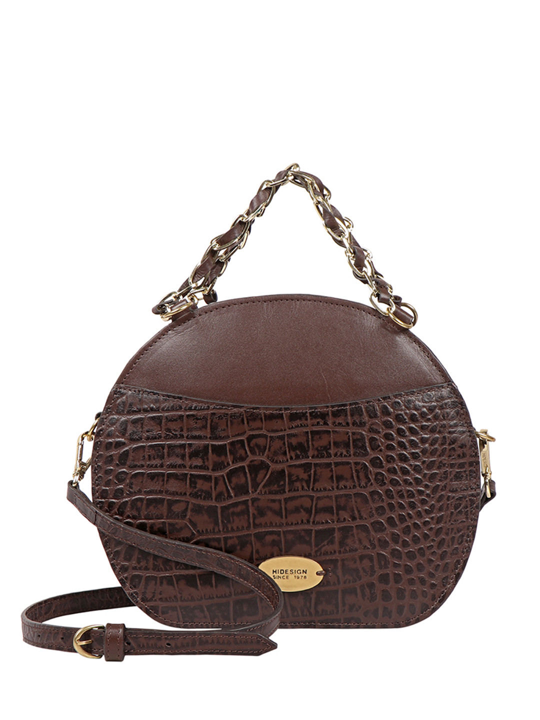 Hidesign Coffee Brown Handcrafted Croc Textured Leather Structured Handheld Bag