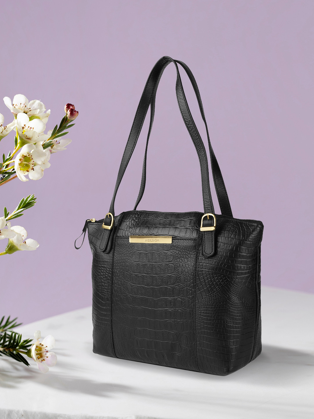 Hidesign Black Croc Textured Leather Structured Shoulder Bag with Pouch