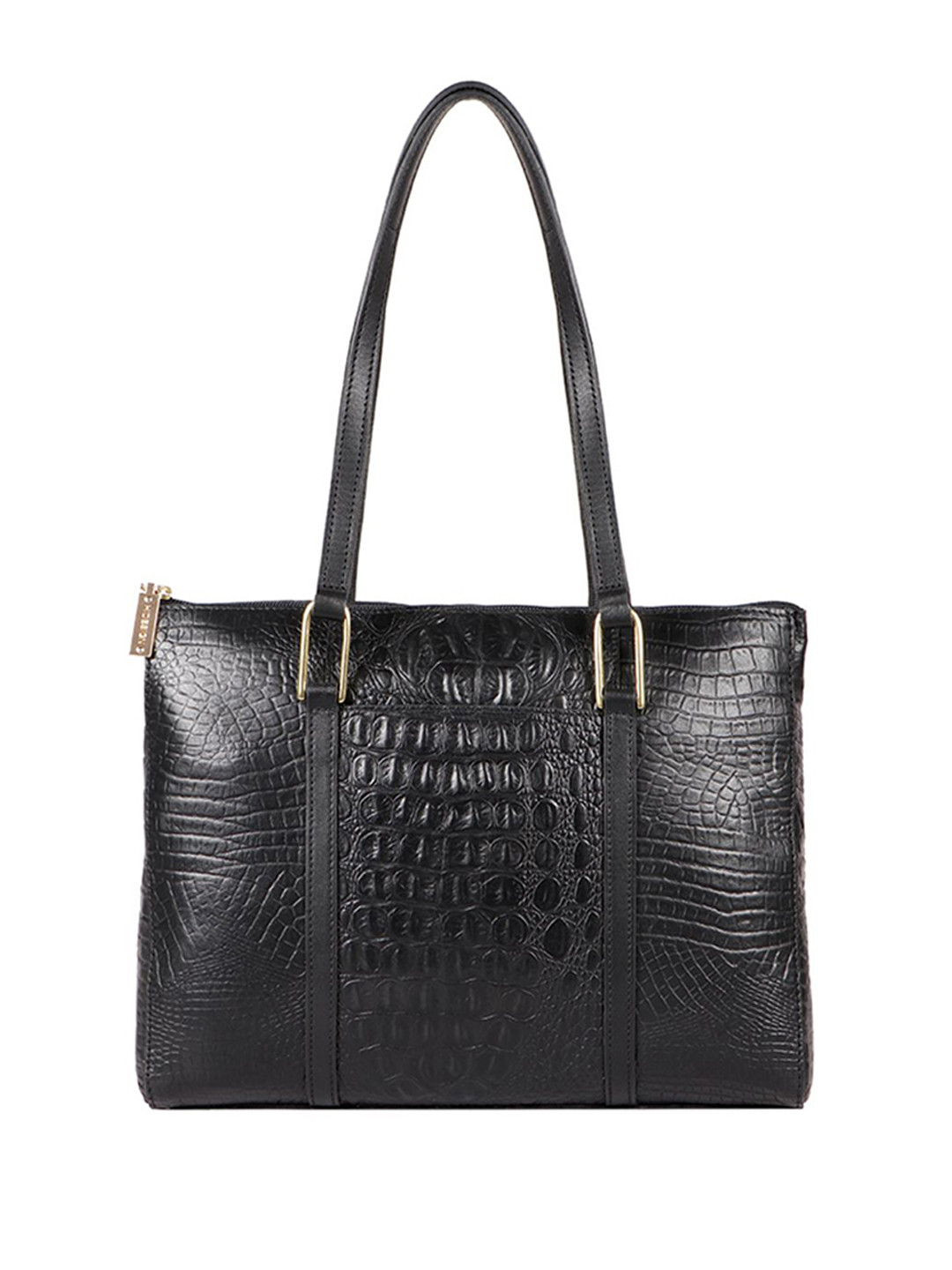 Hidesign Black Croc Textured Leather Structured Shoulder Bag