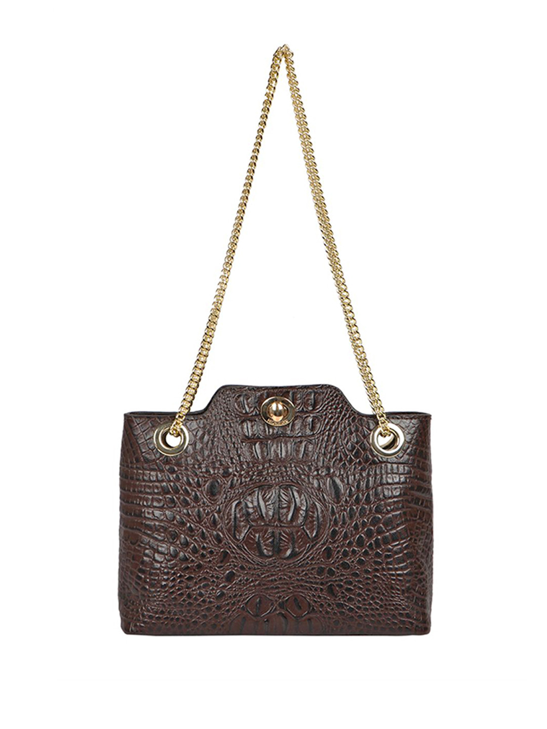 Hidesign Coffee Brown Croc Textured Leather Structured Shoulder Bag
