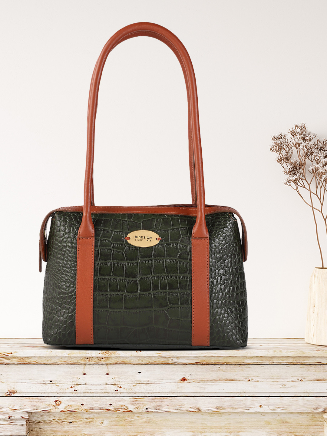 Hidesign Green Animal Textured Leather Shoulder Bag