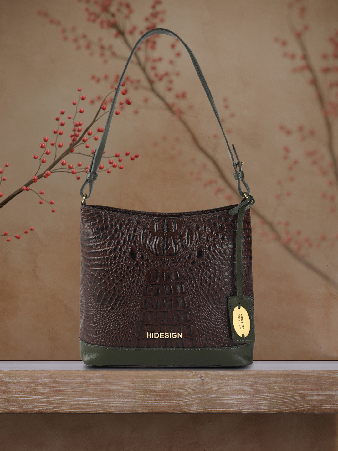 Hidesign Brown Crocodile Textured Leather Shoulder Bag