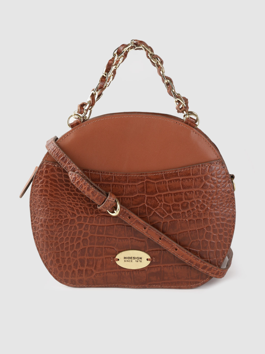 Hidesign Tan Brown Handcrafted Croc Textured Leather Structured Handheld Bag