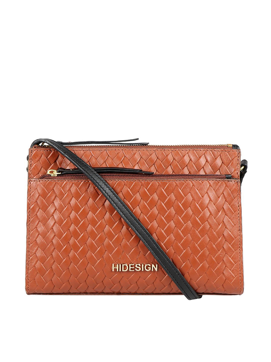 Hidesign Tan Brown Woven Design Leather Structured Sling Bag