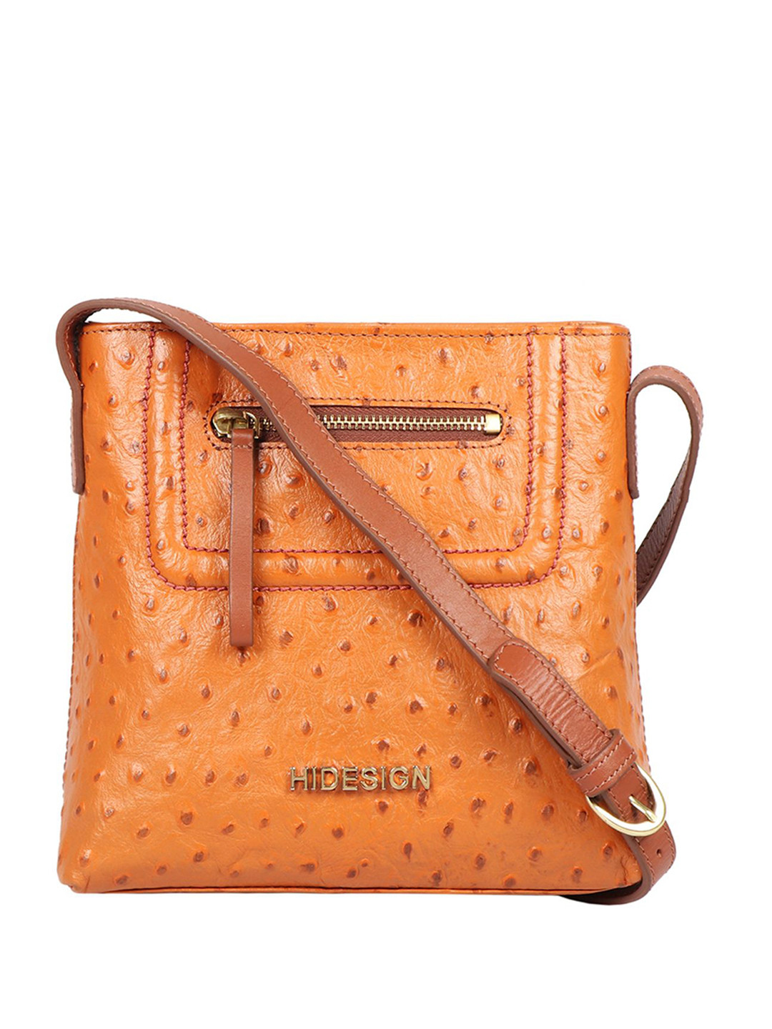 Hidesign Women Mustard Yellow & Brown Textured Leather Structured Sling Bag