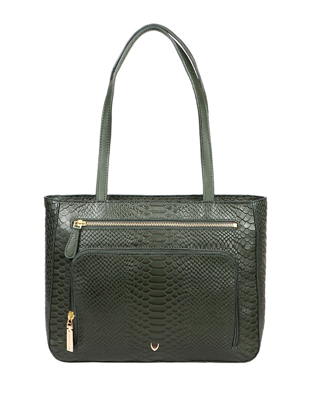 Hidesign Dark Green Snakeskin Textured Leather Structured Shoulder Bag