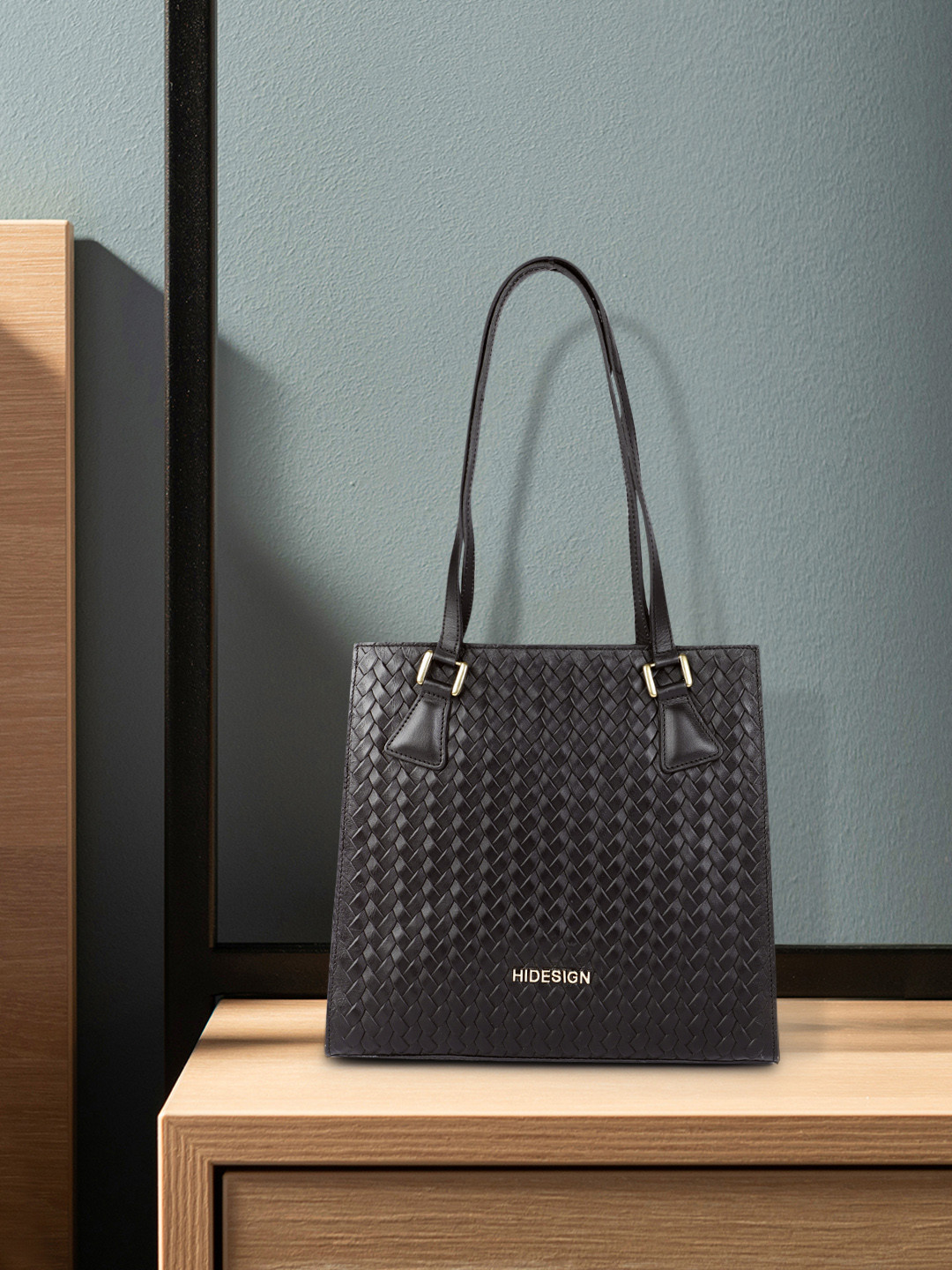 Hidesign Black Woven Design Leather Structured Shoulder Bag