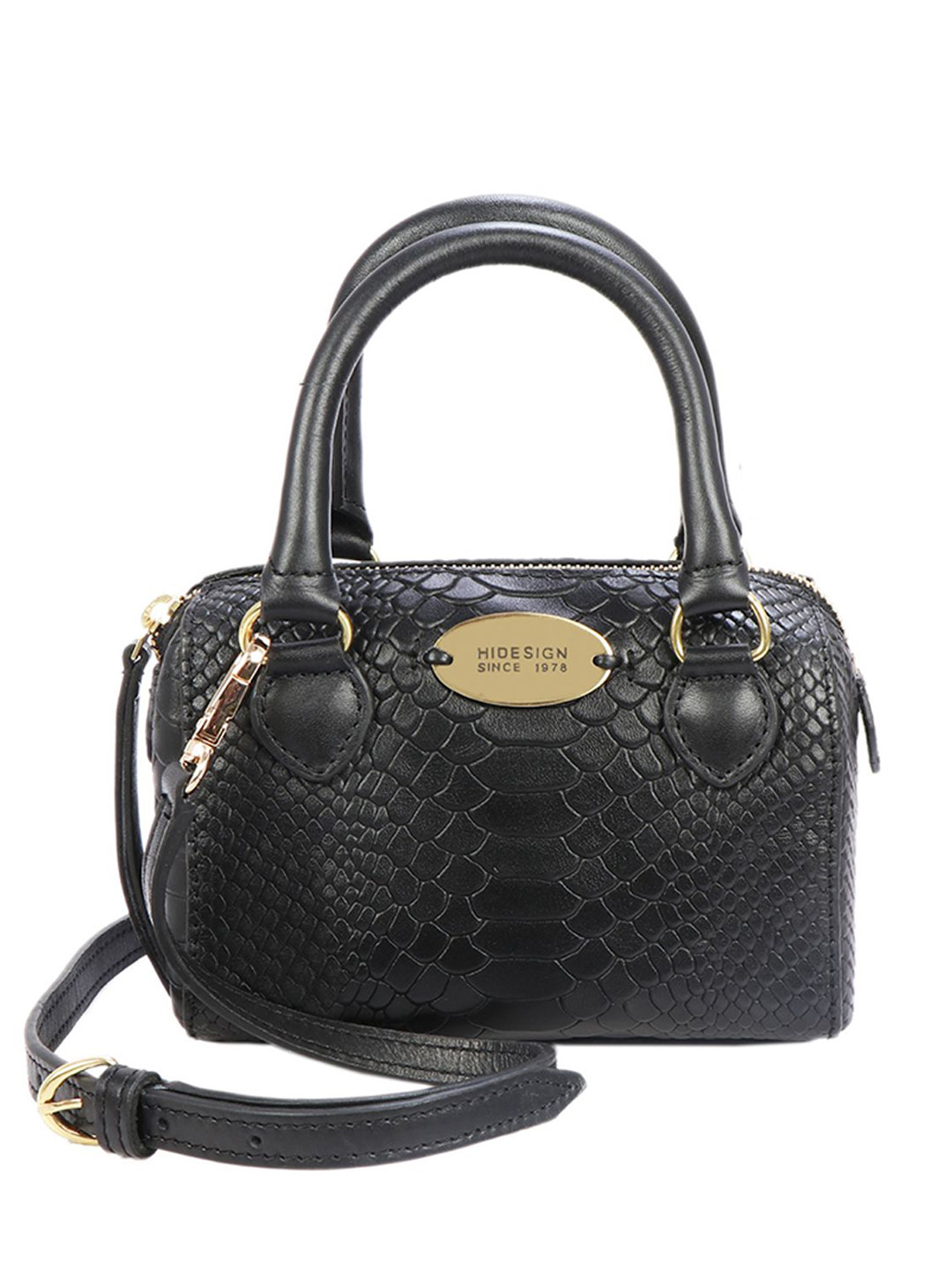 Hidesign Black Snakeskin Textured Leather Small Bowling Handheld Bag