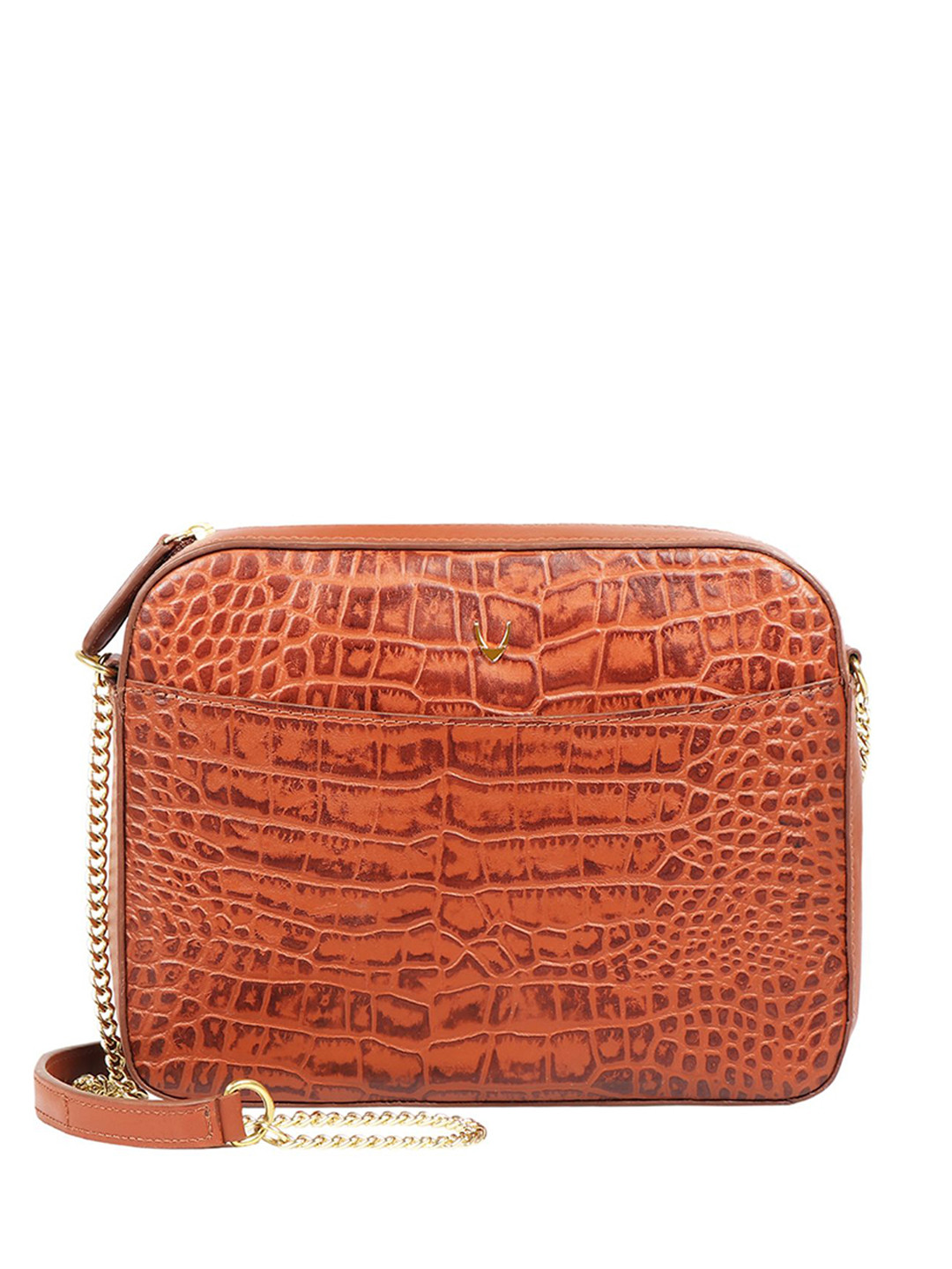 Hidesign Tan Brown Croc Textured Leather Handcrafted Structured Sling Bag