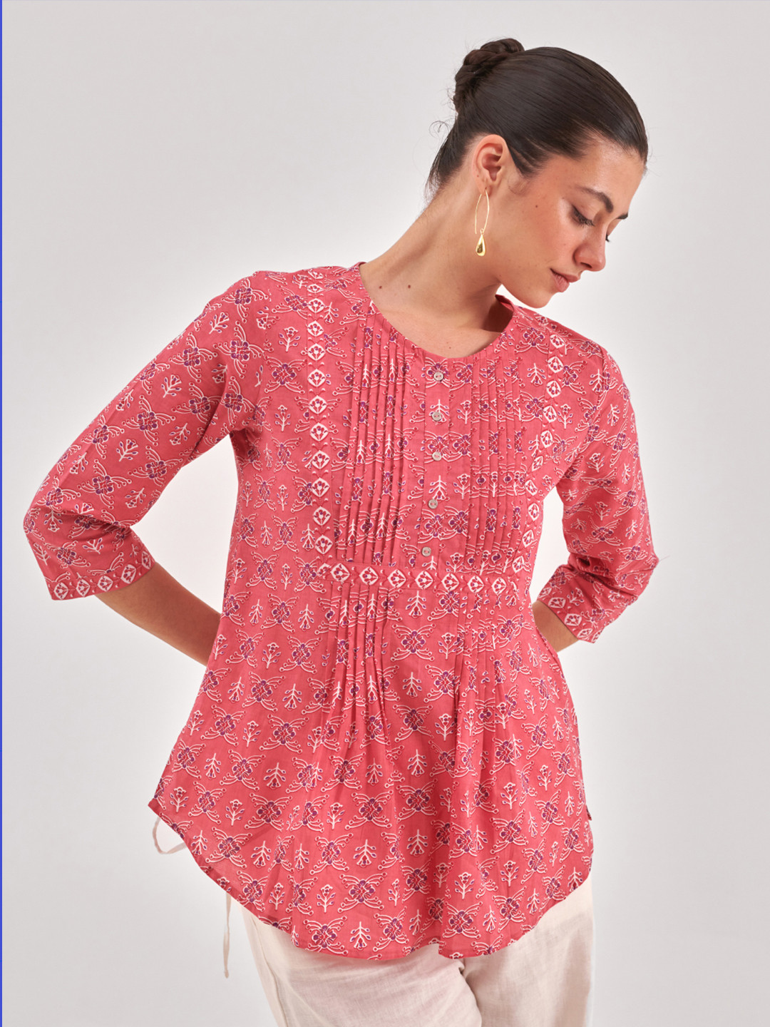 QOMN Pink Printed Pure Cotton A-Line Top
