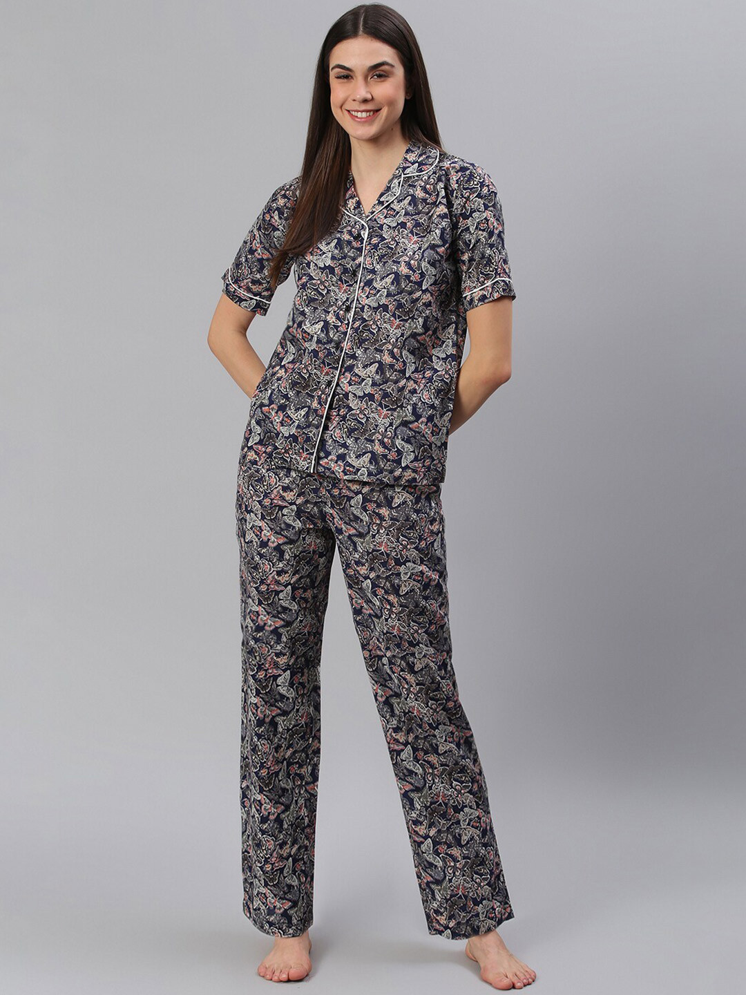 Cation Women Navy Blue & Off-White Printed Night Suit