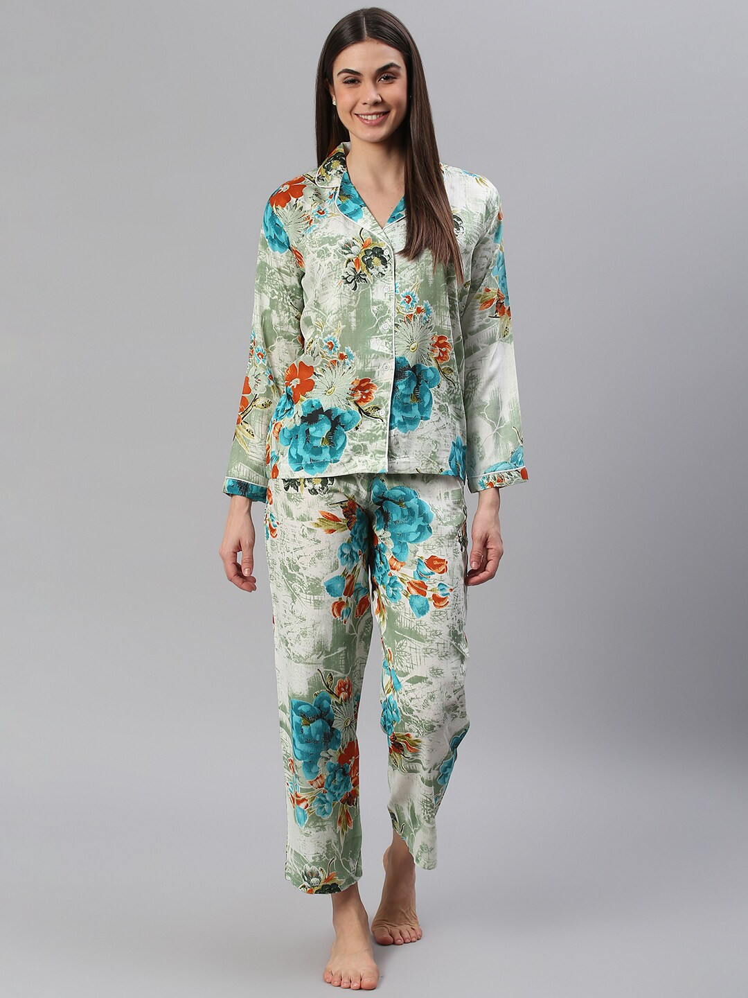 Cation Women Green & Blue Printed Night suit