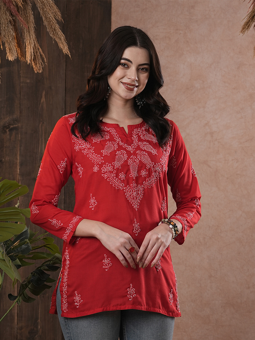 ADA Maroon & White Ethnic Motifs Hand Embroidered Chikankari Pure Cotton Kurti