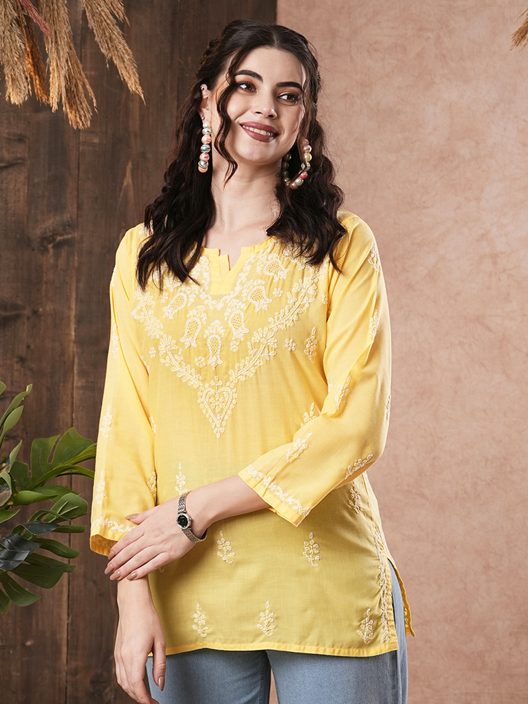 ADA Yellow & White Ethnic Motifs Hand Embroidered Chikankari Pure Cotton Kurti