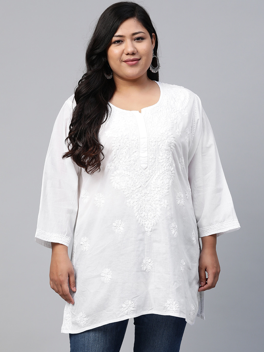 ADA Women Plus Size White Chikankari Embroidered Pure Cotton Kurti