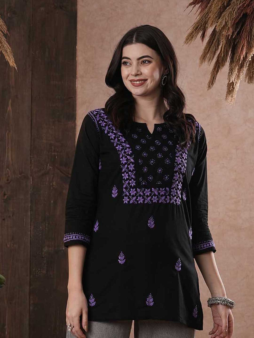 ADA Women Plus Size Black & Purple Chikankari Hand Embroidered Straight Kurti