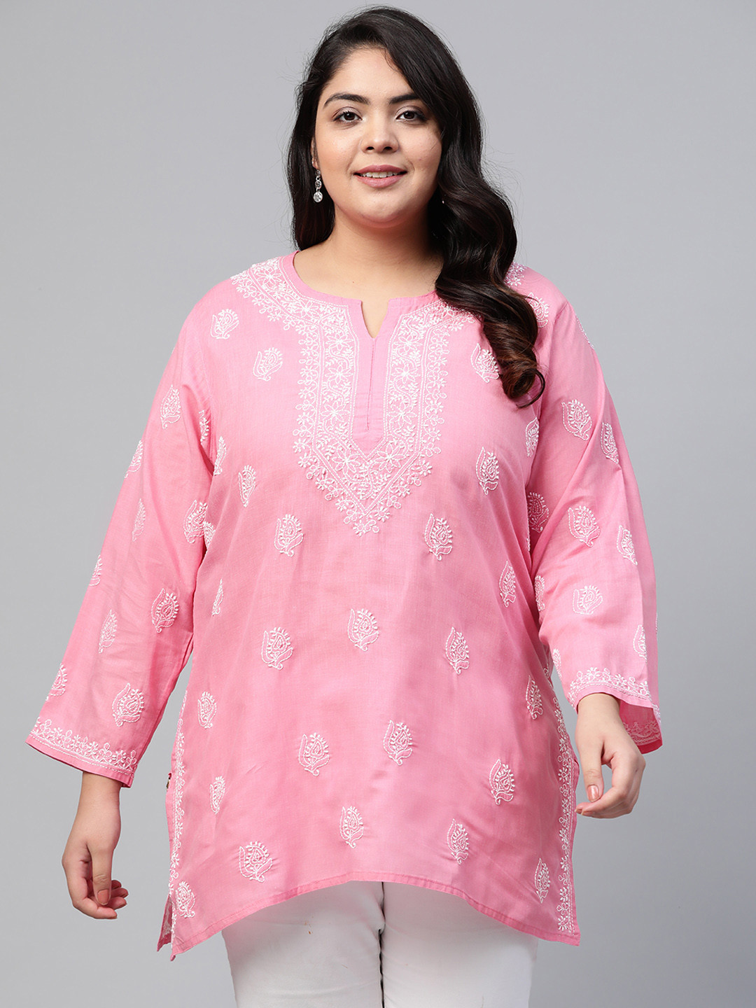ADA Women Plus Size Pink Chikankari Embroidered Pure Cotton Kurti