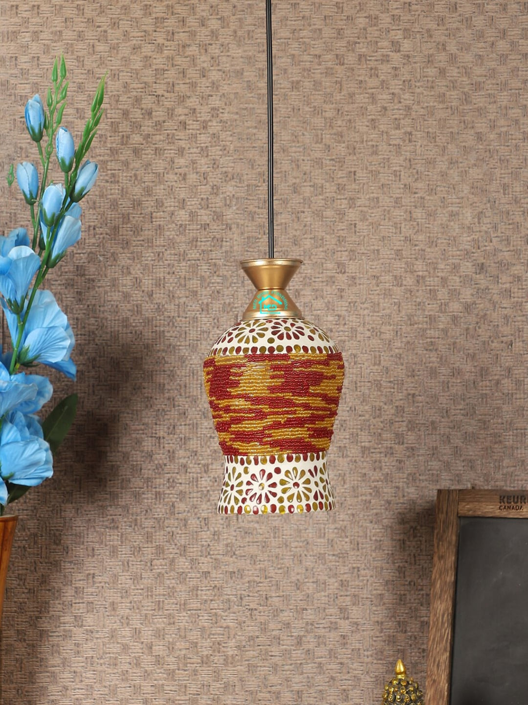MFD HOME FURNISHING Red & Gold-Toned Self Design Contemporary Hanging Light
