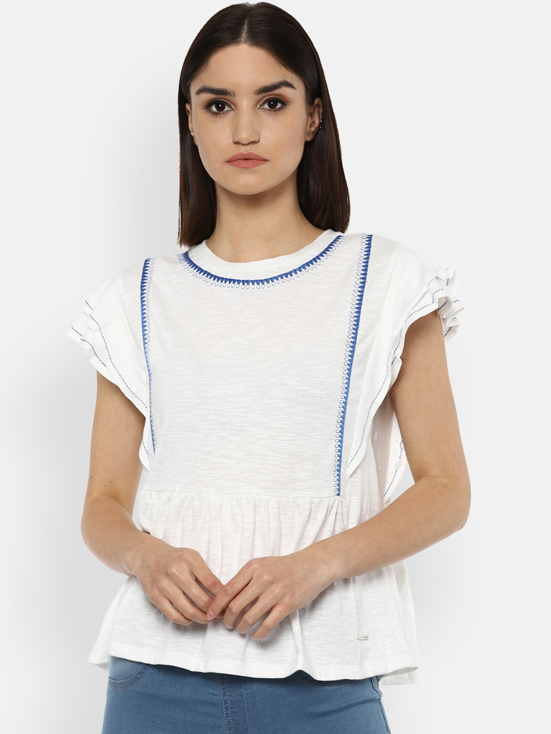 Van Heusen Woman White Boat Neck Bell Sleeves Regular Top