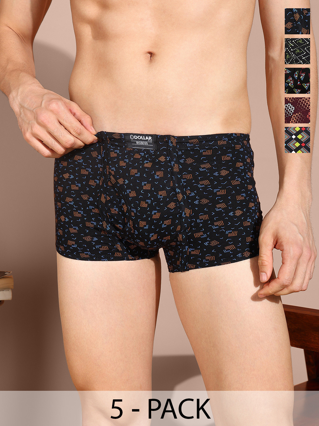 Dollar Bigboss Men Printed Pack of 5 Combed Cotton Under Elastic Trunk