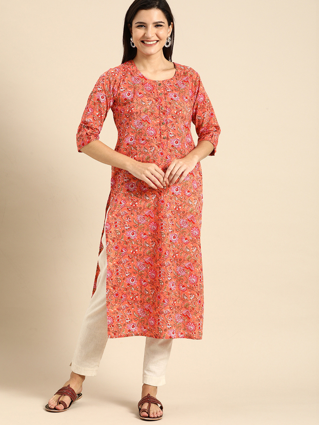 Rajnandini Orange Floral Printed Pure Cotton Kurta