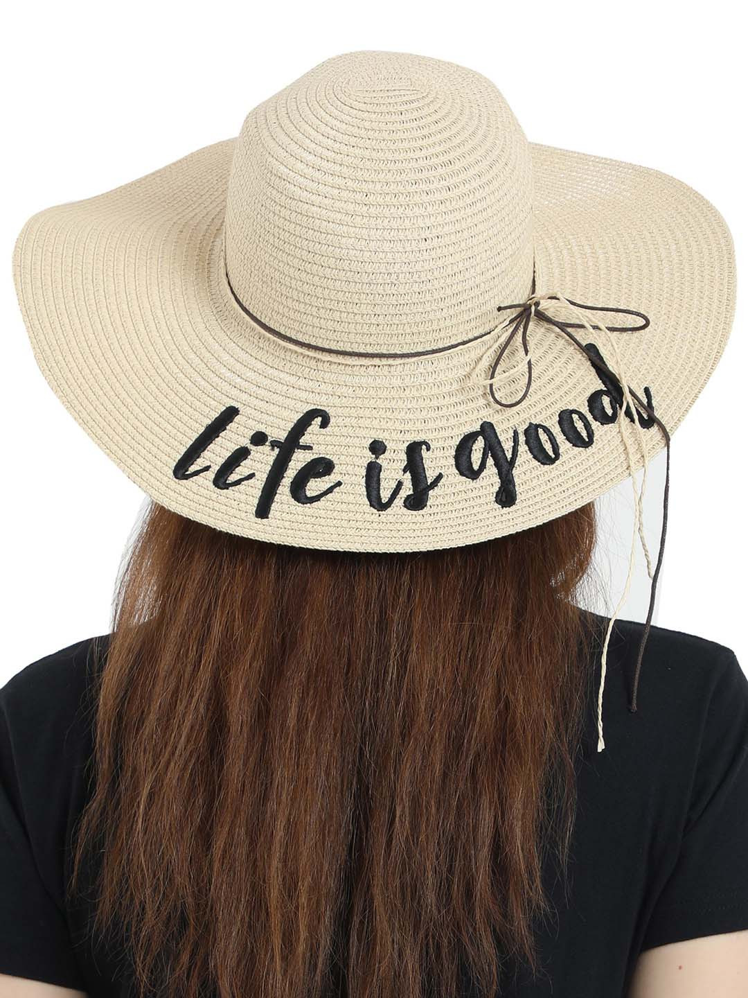 FabSeasons Women Beige Woven Design Sun Hat with Embroidered Detail