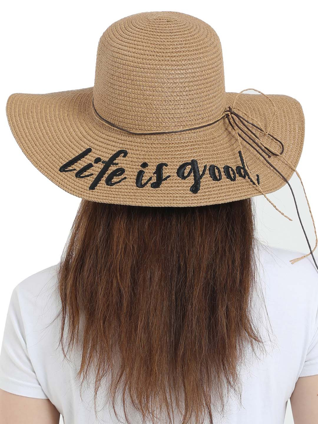 FabSeasons Women Beige Woven Design Sun Hat with Embroidered Detail