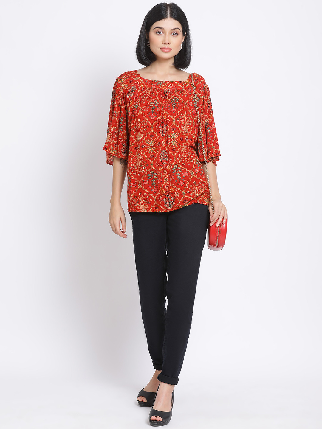 Oxolloxo Red Printed Flared Sleeves Crepe Top