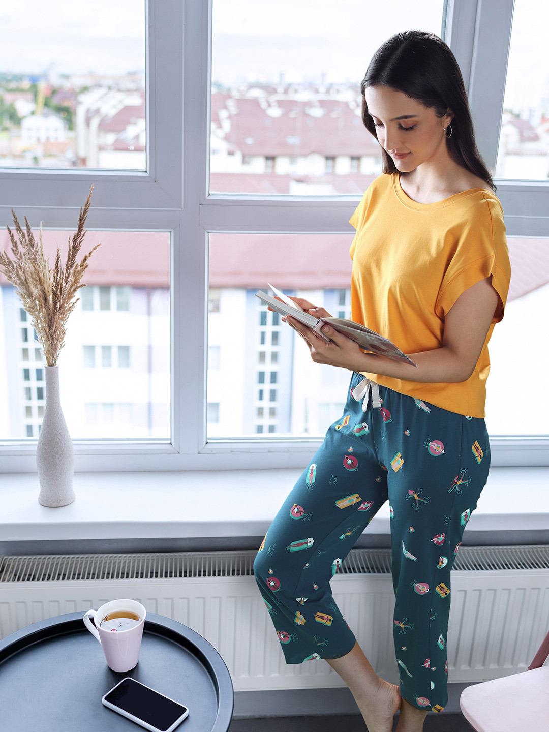 Marks & Spencer Women Teal Blue & Pink Conversational Print Pure Cotton Lounge Pants