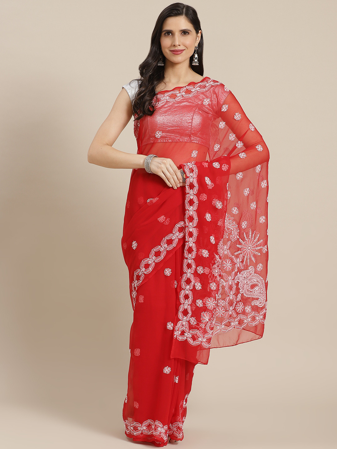 ADA Red & White Ethnic Motifs Chikankari Sustainable Handloom Saree