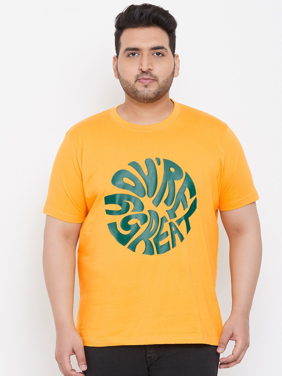 bigbanana Men Plus Size Mustard Yellow & Green Pure Cotton Printed Round Neck T-shirt