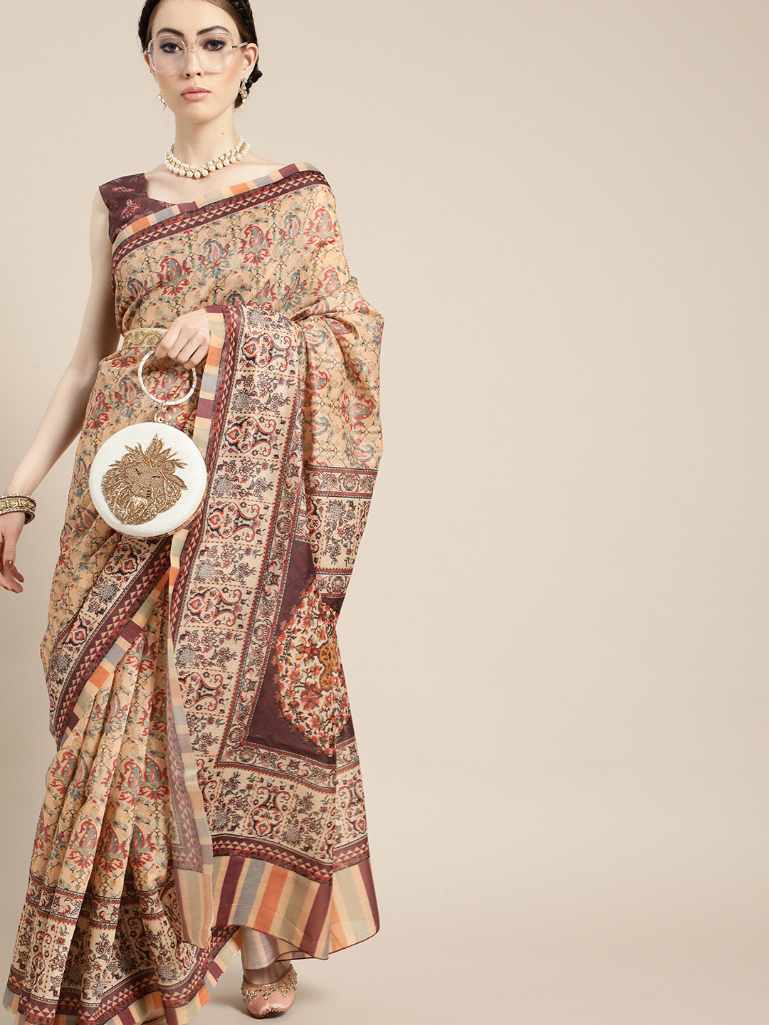 Saree Mall Trendy Peach and Burgundy Poly Silk Saree