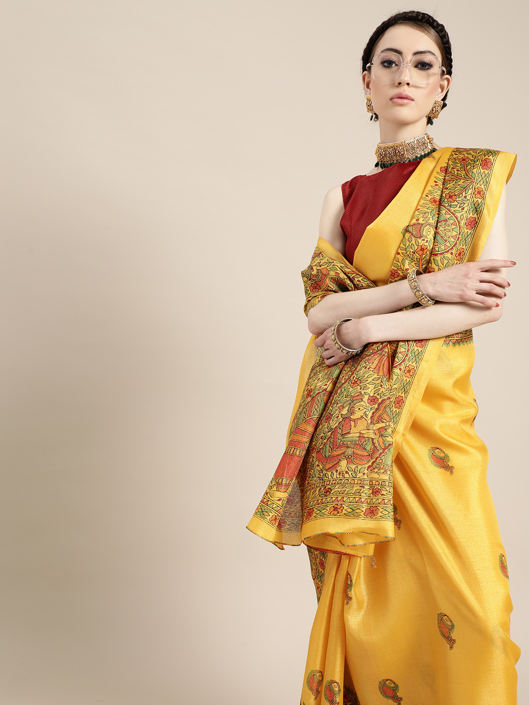 Saree Mall Creamy Mustard and Red Silk Blend Saree