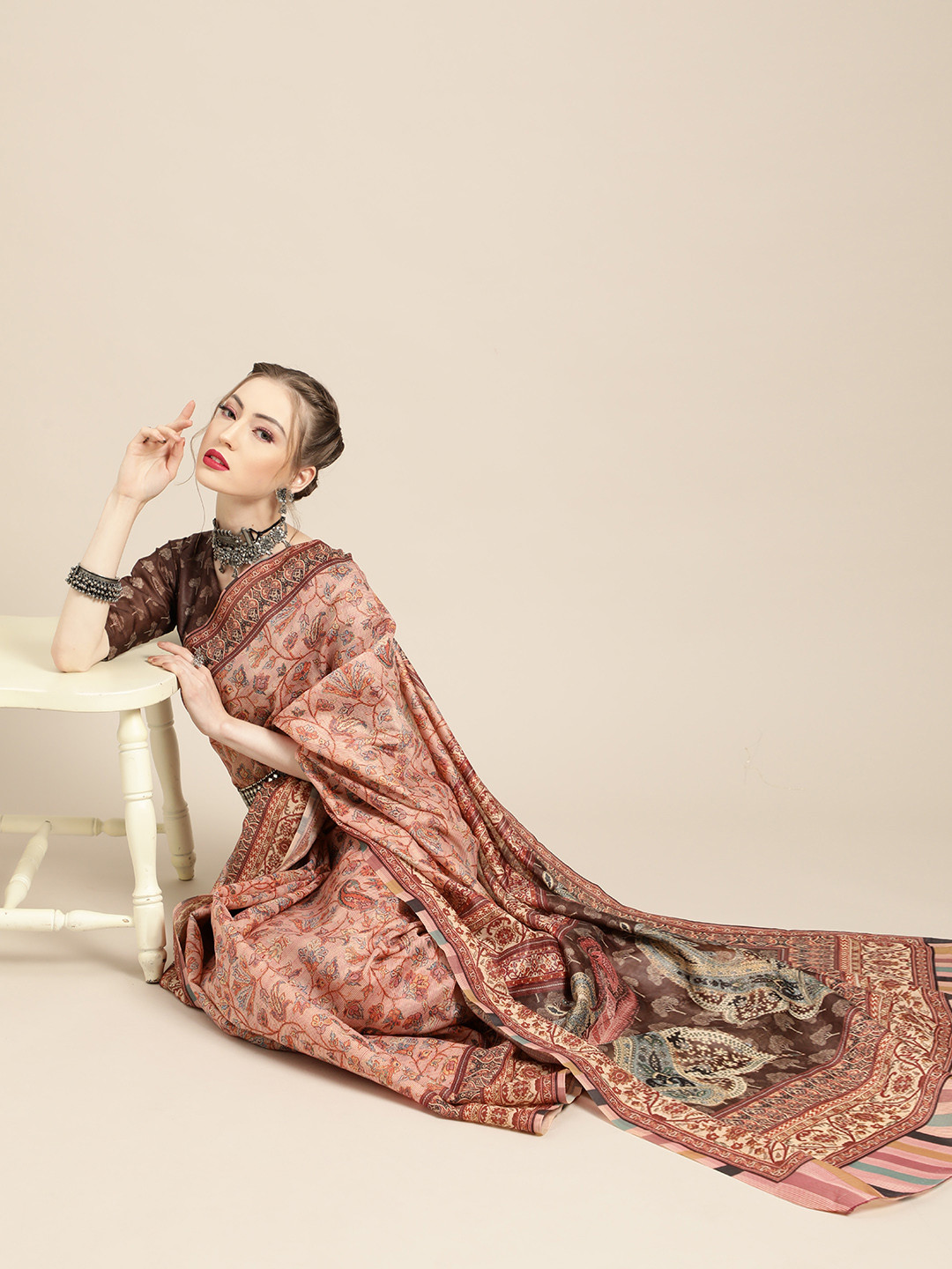 Saree Mall Trendy Peach and Brown Poly Silk Saree