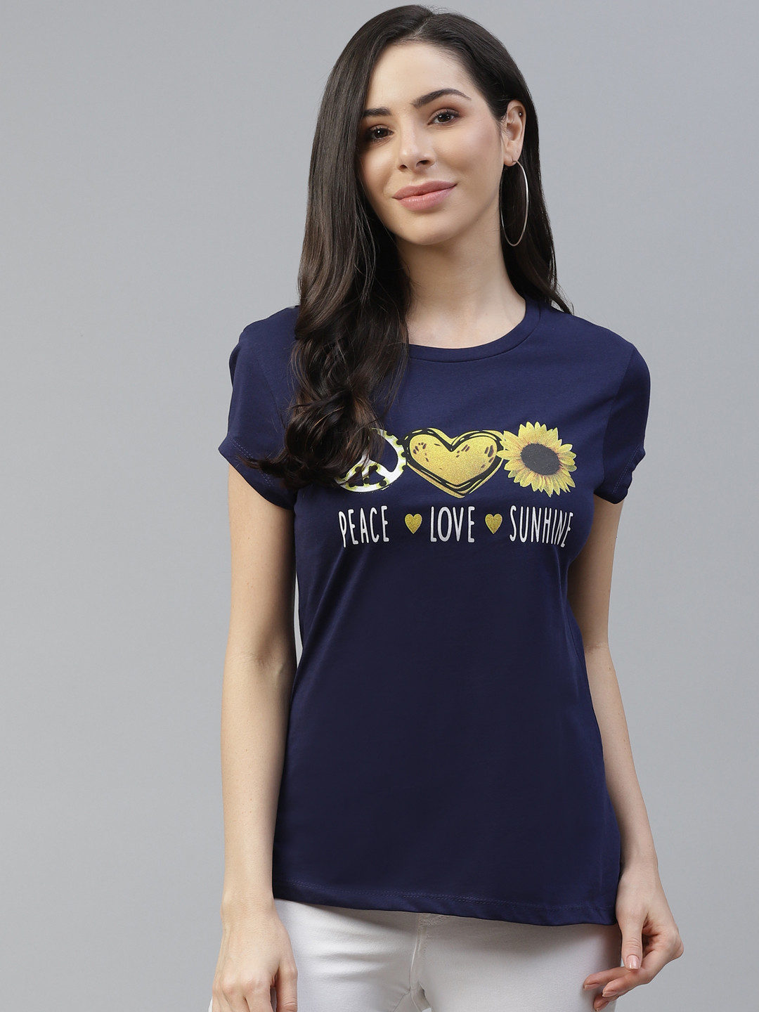 Cayman Women Navy Blue Cotton Printed T-shirt