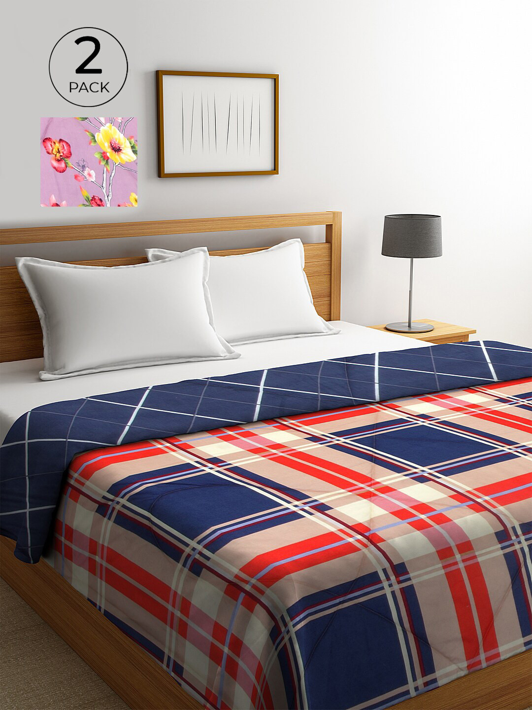 KLOTTHE Pink & Blue Set of 2 Geometric AC Room 500 GSM Double Bed Comforter