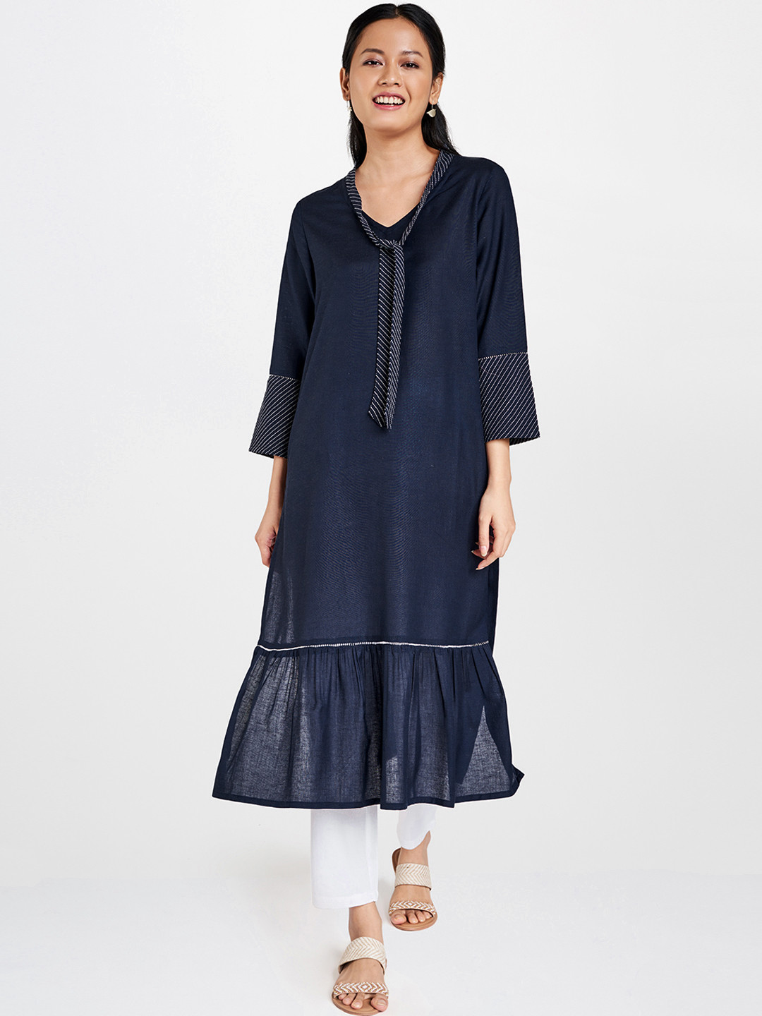 Global Desi Women Navy Blue Thread Work Detail Tie-Up Neck Kurta