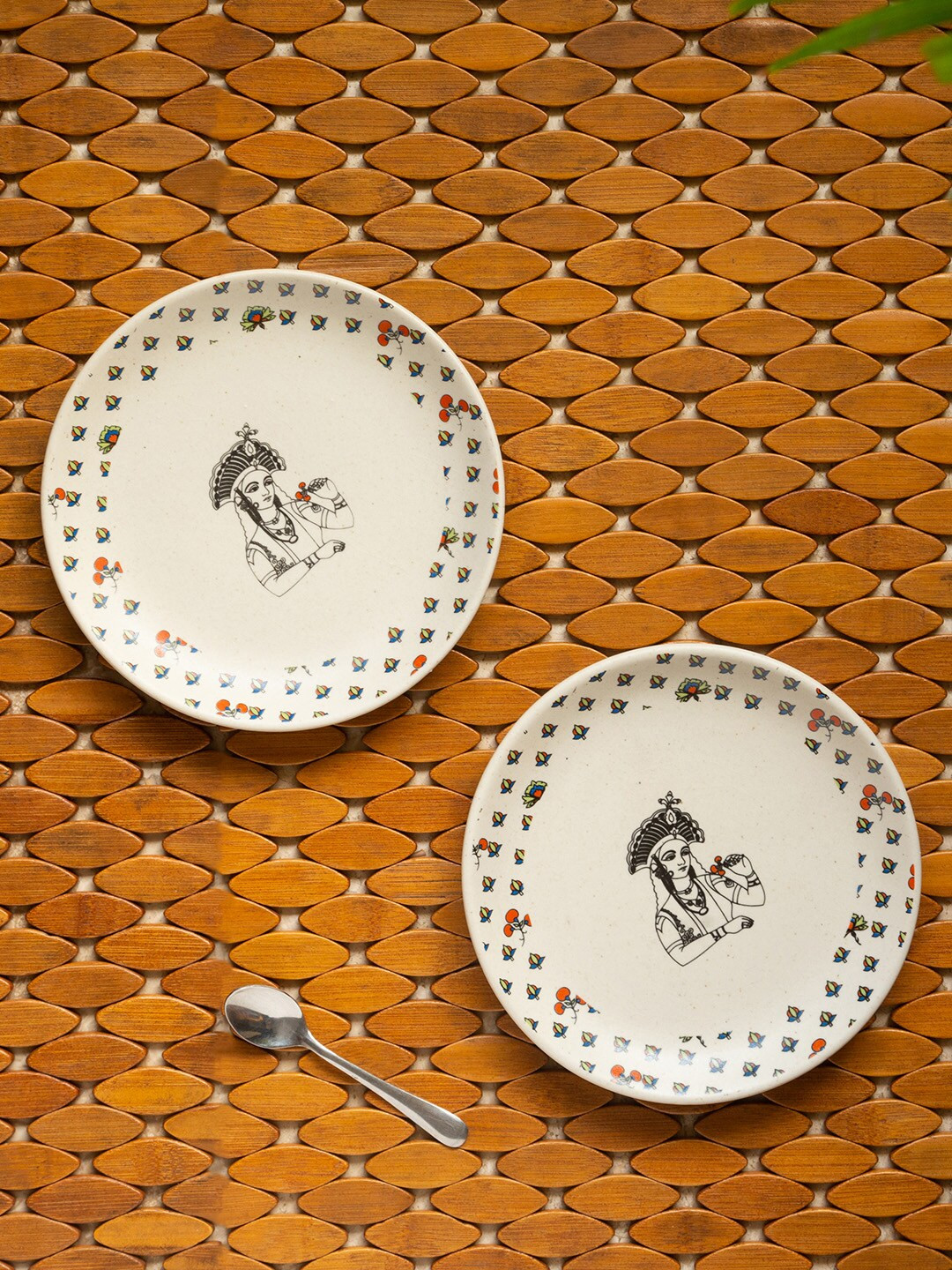 ExclusiveLane White & Orange Set of 2 White Handcrafted Ceramic Side Quarter Plates