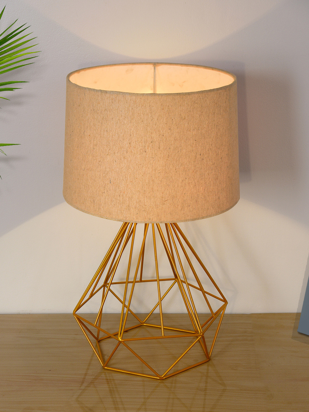 Homesake Beige & Gold-Toned Self Design Contemporary Bedside Standard Lamp with Shade