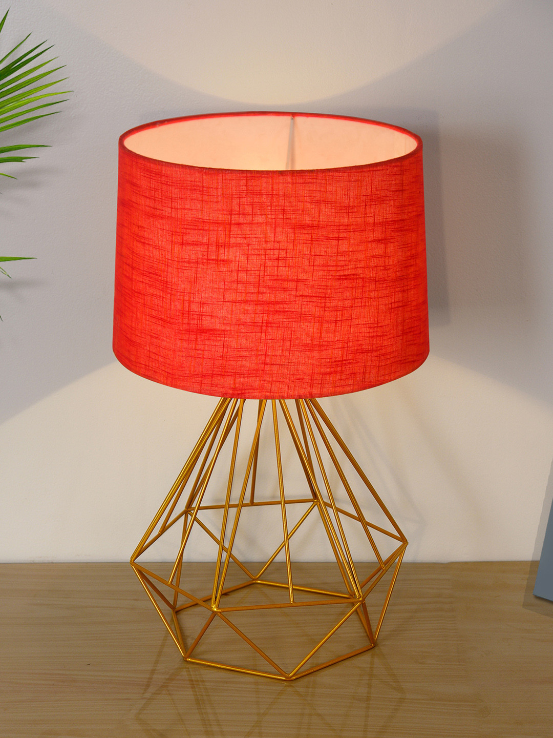 Homesake Red & Gold-Toned Solid Contemporary Bedside Lamp with Shade