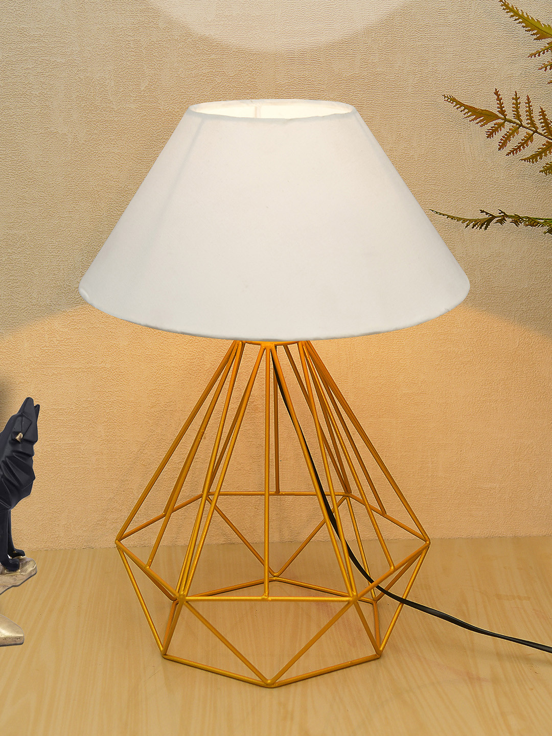 Homesake White & Gold-Toned Self Design Contemporary Bedside Lamp with Shade