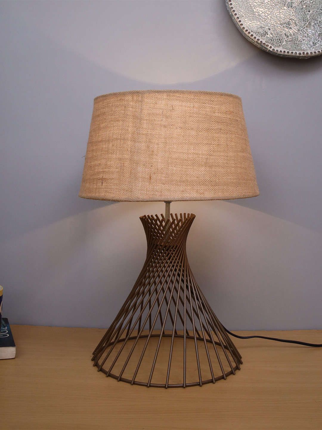 Homesake Beige & Copper-Toned Self Design Contemporary Bedside Standard Lamp with Shade