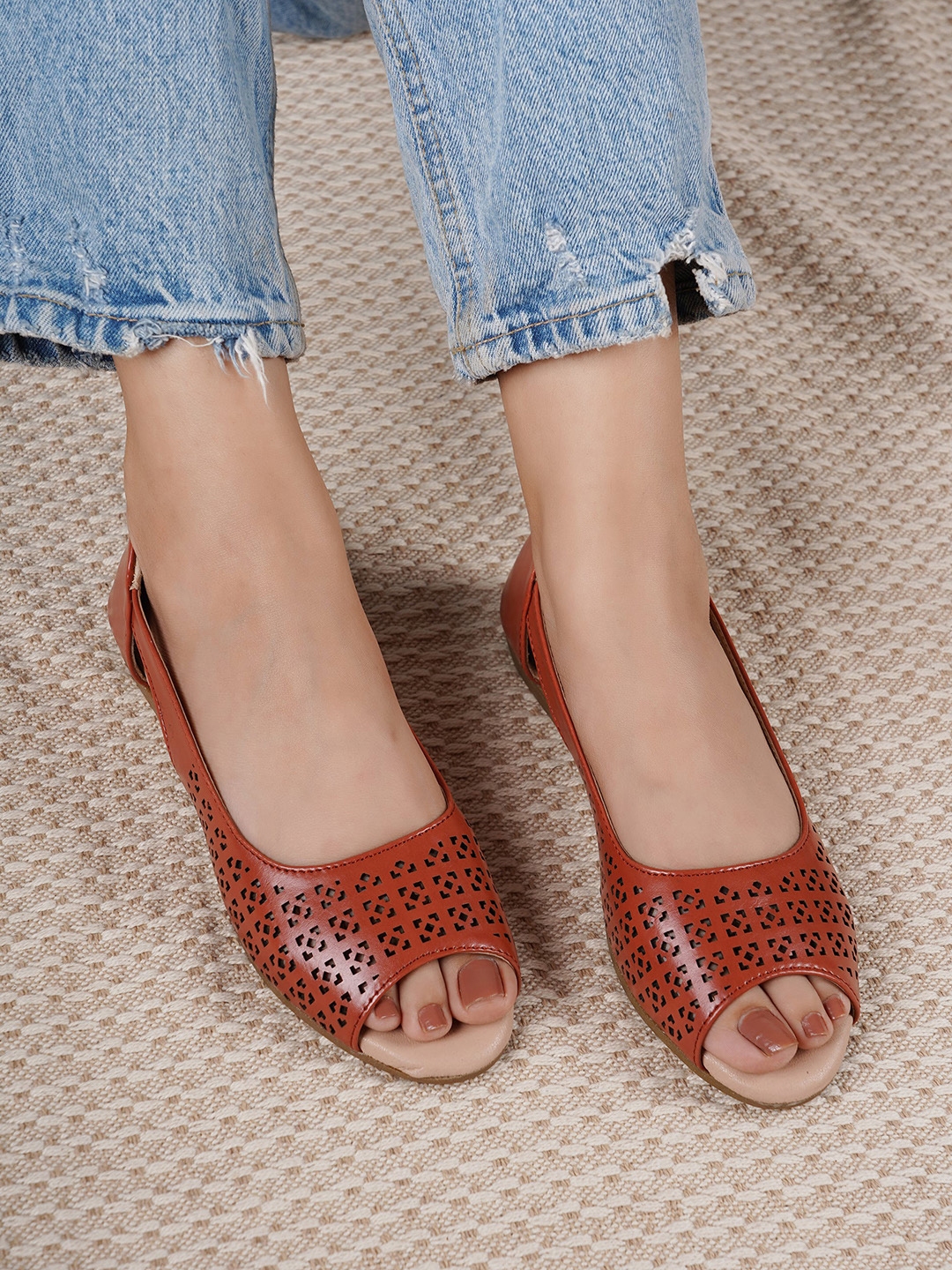 Buy Shezone Women Tan Brown Perforated Peep Toe Flats Flats for Women 14195560 Myntra