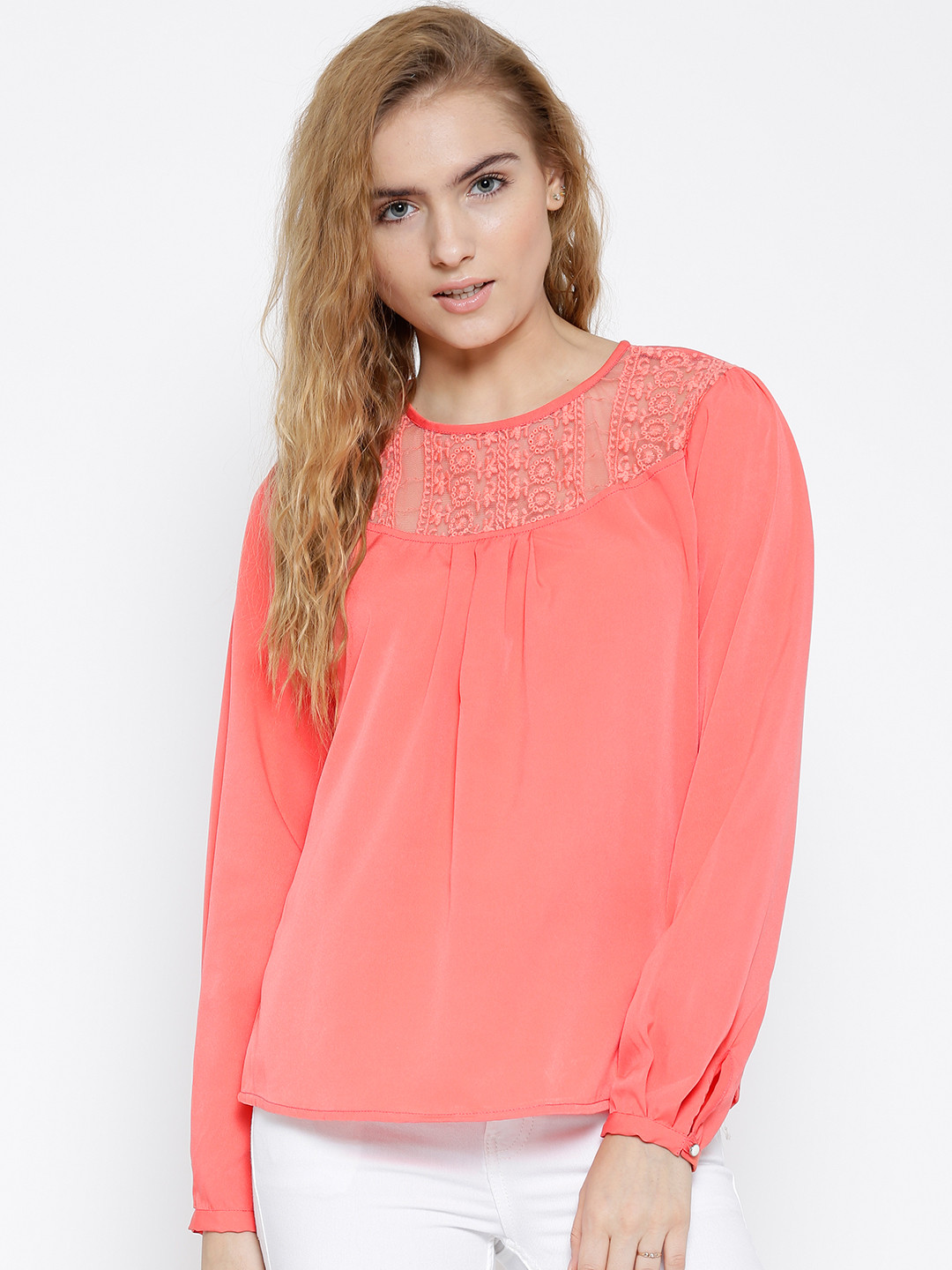 Sera Coral Pink Polyester Lace Yoke Top