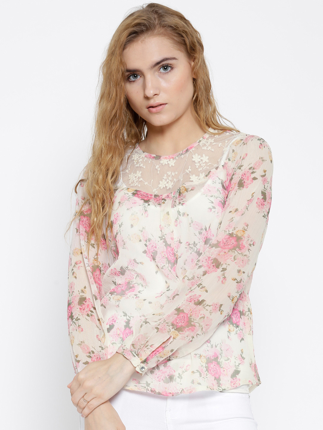 Sera Off-White Polyester Floral Print Sheer Top